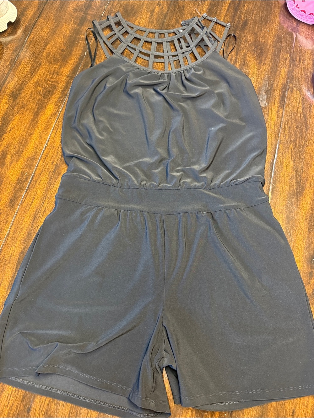 White House Black Market Black Sleeveless Romper with Lattice Yoke